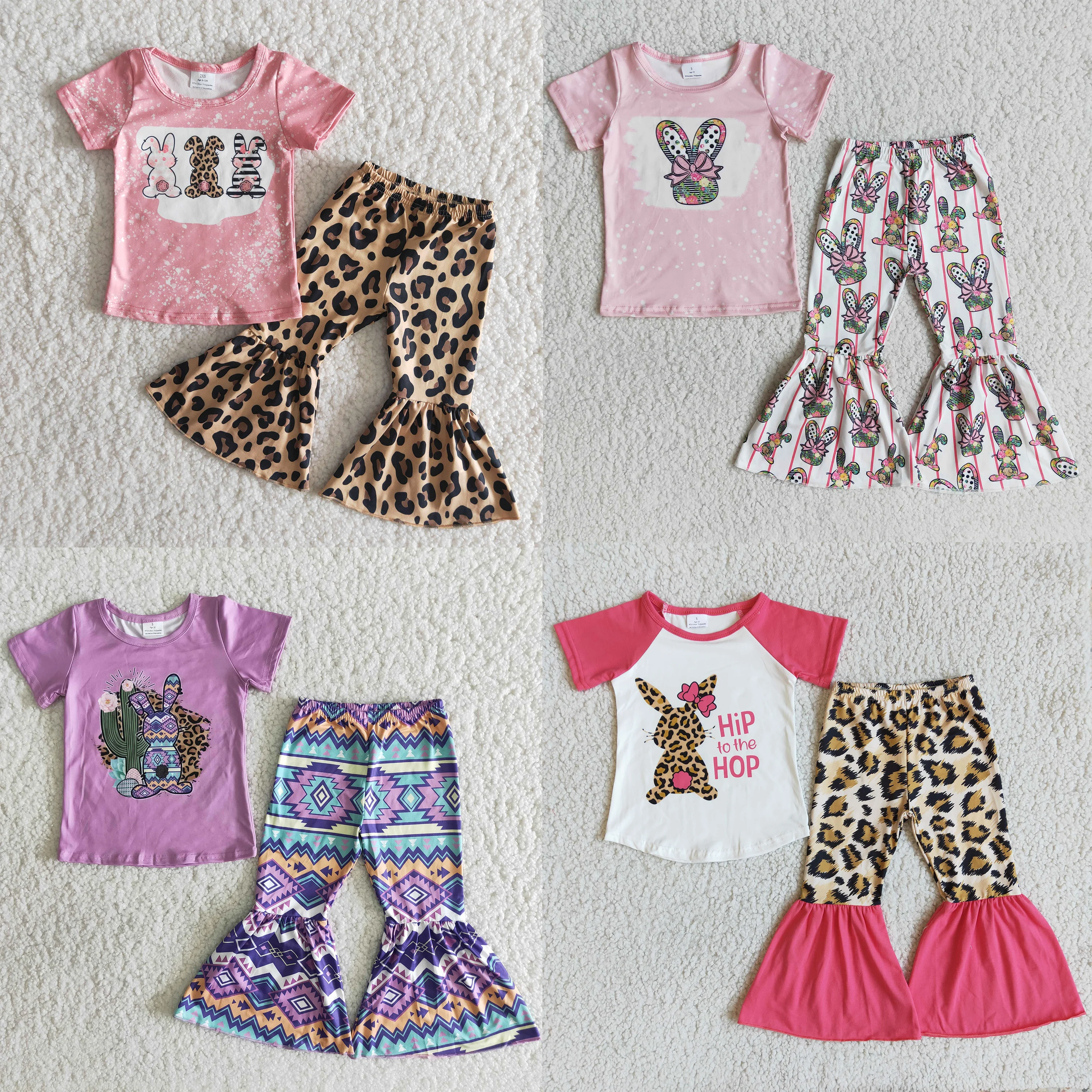 

Wholesale Easter Baby Girls Kids Clothes Short Sleeve Bell Bottms Set Bunny Print Cute Toddler Girls Boutique Clothing Outfits