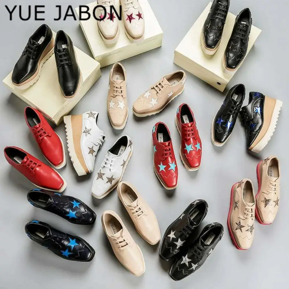 YUE JABON donna Star s mocassino punta quadrata stringata fondo spesso piattaforma zeppa scarpe altezza crescente stella scarpe Casual donna