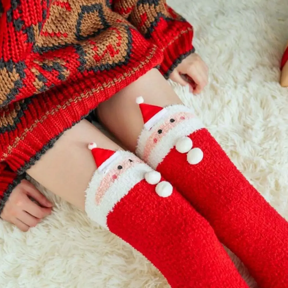 Calcetines bonitos a rayas con lazo de Papá Noel y alce, regalo de Navidad, calcetines de lana Coral para mujer, medias navideñas, calcetines de algodón hasta la pantorrilla