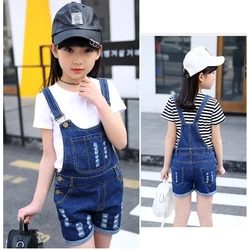 Girls Overalls 2024 New Summer Short Bib Short Jeans For Girl Children Fashion Hole Pants 3-9 Years Kids Clothes