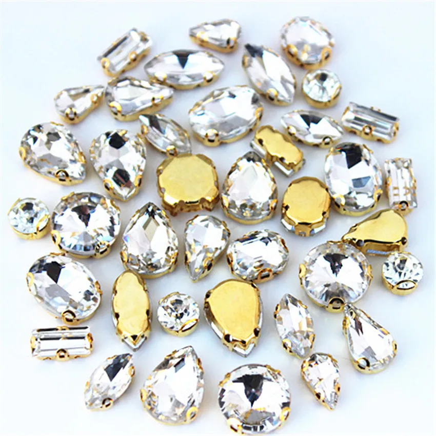 30pcs/Bag High Quality Mixed Gold Bottom Crystal Clear Glass Sew On Claw Rhinestones,DIY Wedding Dress Decoration Accessories