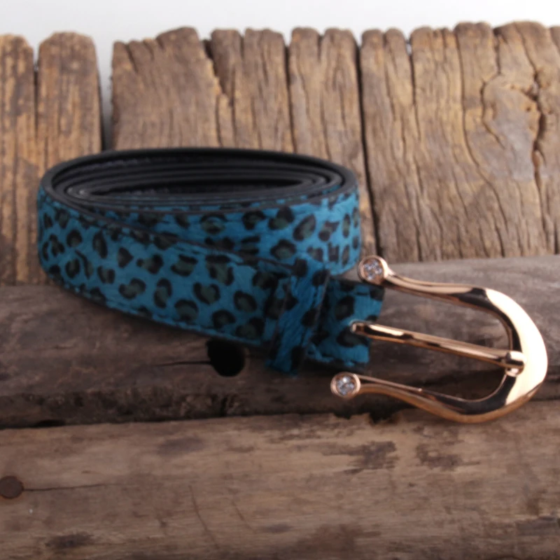 RH Fashion Boho Leopard Spotted Horsehair Leather Belt Crystal Pin Buckle Woman Cow skin Belts Women Accessory Gift DropShip