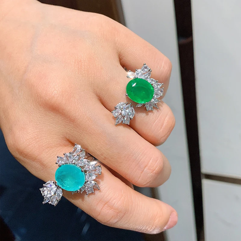 FFGems Vintage Silver create Paraiba Tourmaline Gemstone Wedding Diamonds big oval Rings for women Gift Fine Jewelry Wholesale