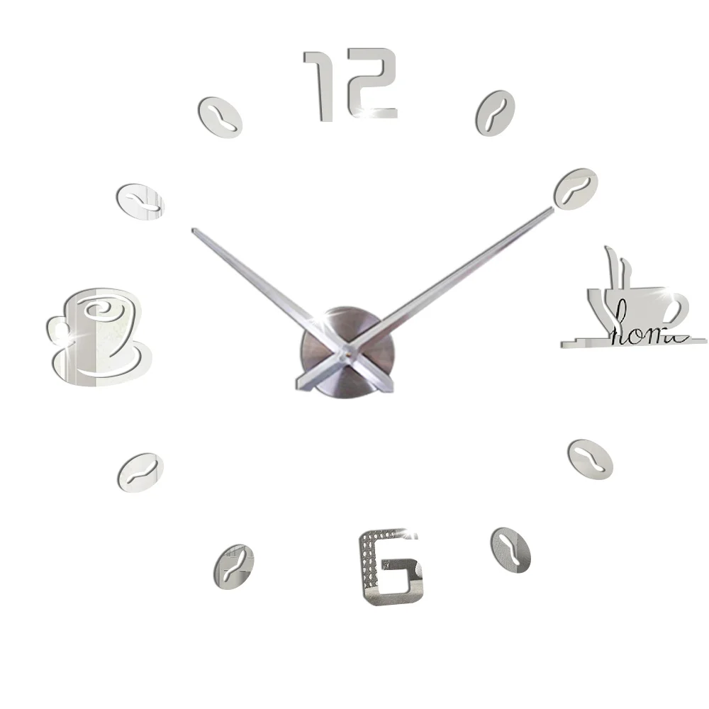 Large Wall Clock Modern Design Coffee Cup 3D DIY Big Decorative Clocks Acrylic Mirror Stickers Oversize Wall Clock Home Letter