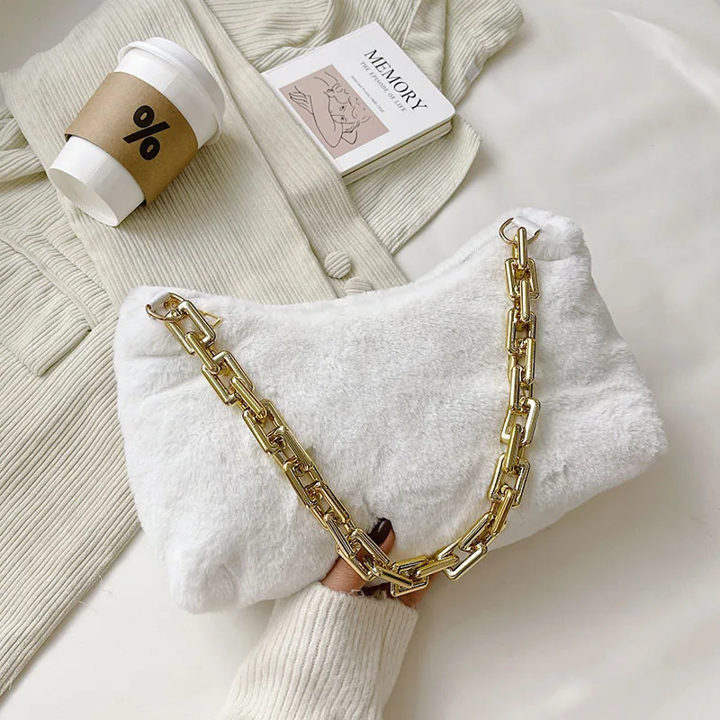 Soft Plush Shoulder Bag Fashion Women Candy Color Winter Cloud Bag Female Thick Chain Handbags Ladies Warm Faux Fur Underarm Bag