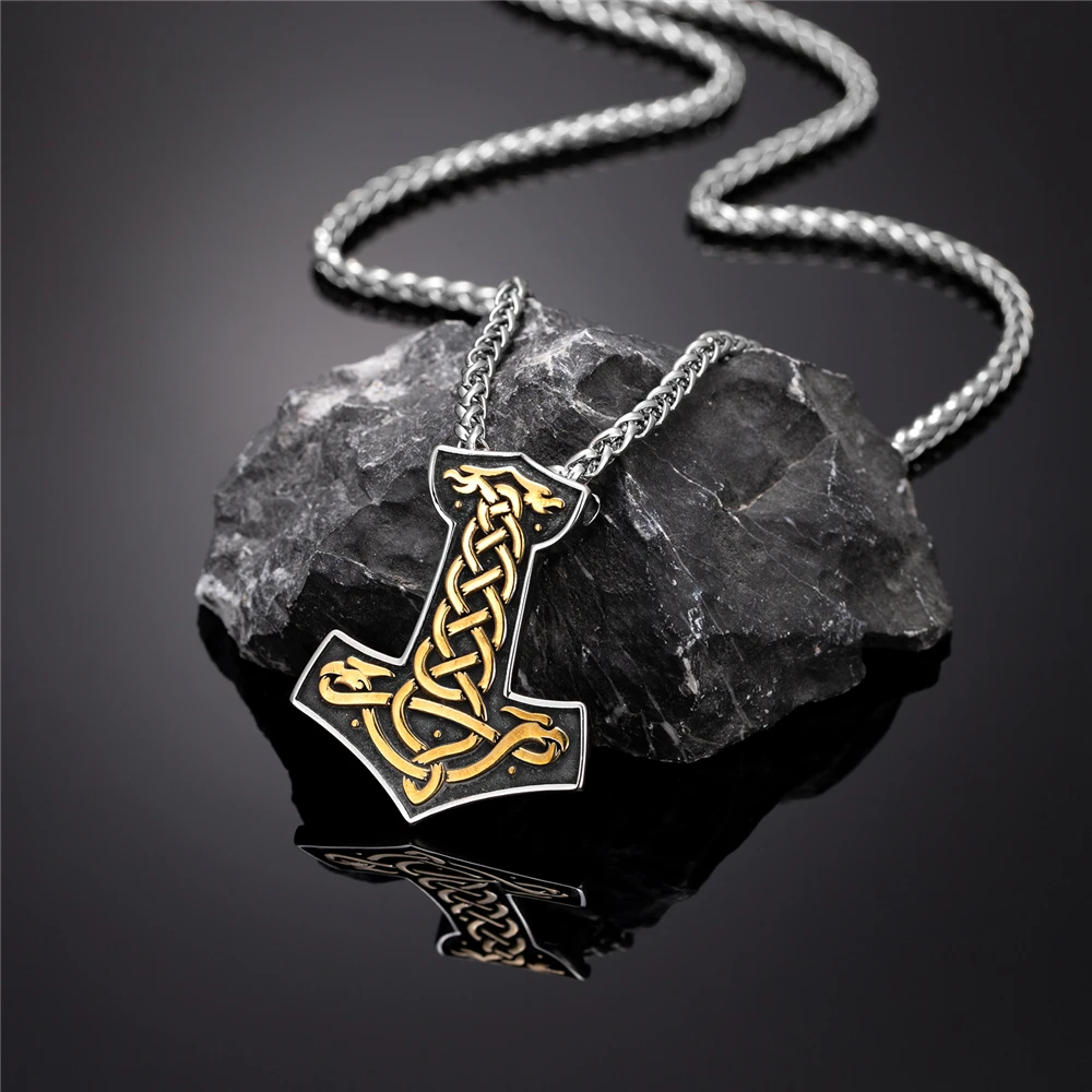 Herren-Halskette aus Edelstahl mit Mjölnir-Thor-Hammer, Wikinger, nordische Runen, slawisches Amulett, Anhänger, verblasst nicht, goldfarbener Schmuck, Geschenk – Detail 5