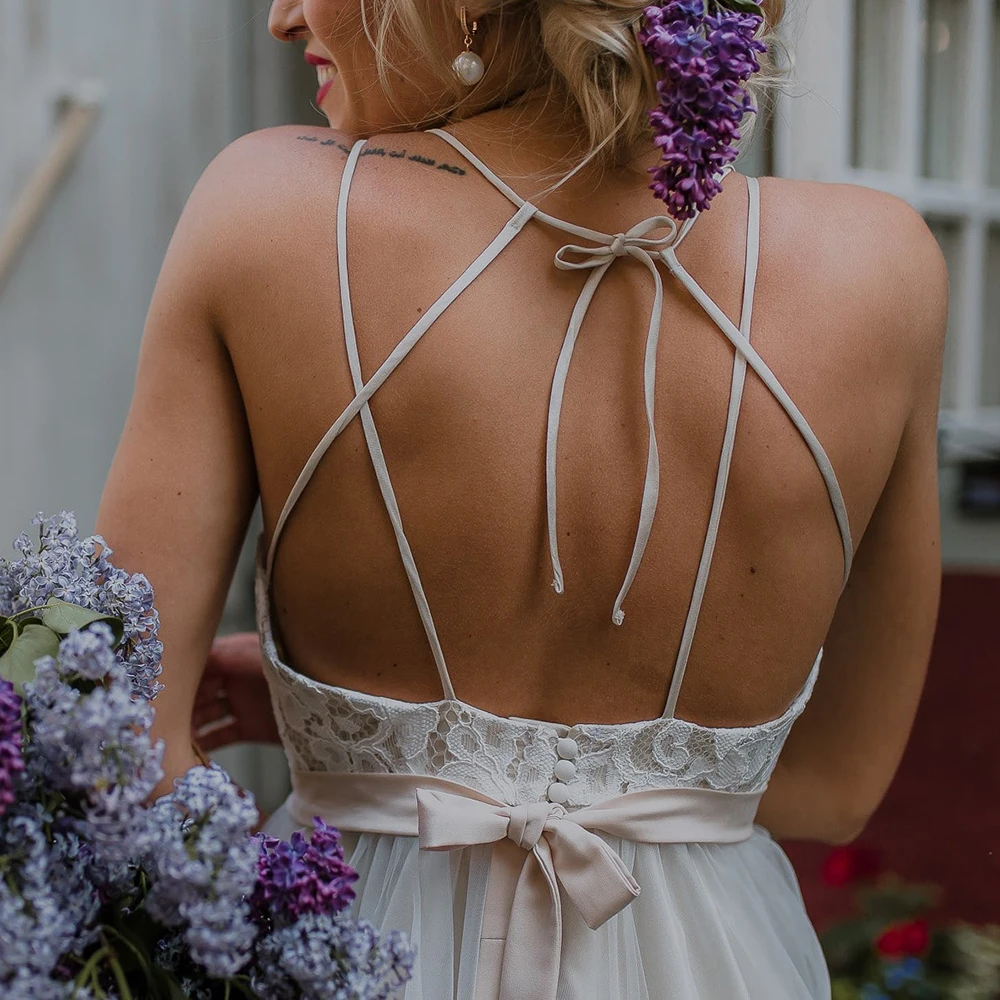 Robe de mariée en Tulle à bretelles spaghetti, en dentelle, sur mesure, grande taille, Sexy, rustique, ceinture croisée, dos nu