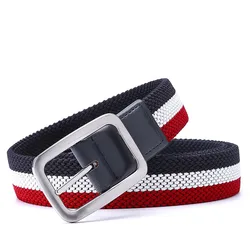 Accessori moda Cintura da campeggio in pelle da golf in tessuto elasticizzato elastico intrecciato su entrambi i lati per uomo con fibbia argentata