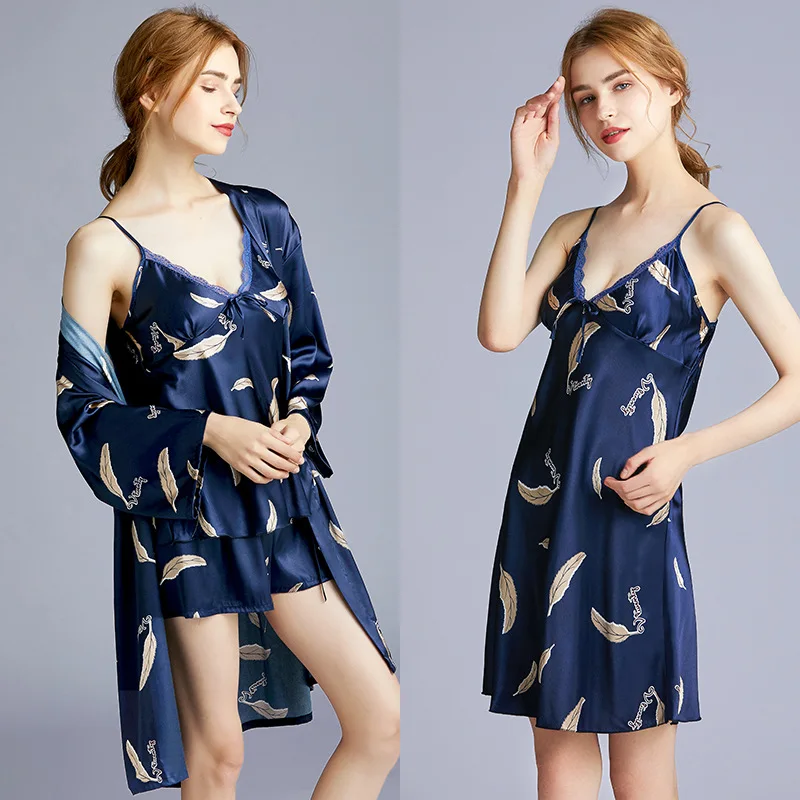 

Silk Sexy Sleepwear Women'S Four-Piece Summer Halter Knickers Gown Home Wear Bathrobe Lounge Negligee Casual Home Clothing