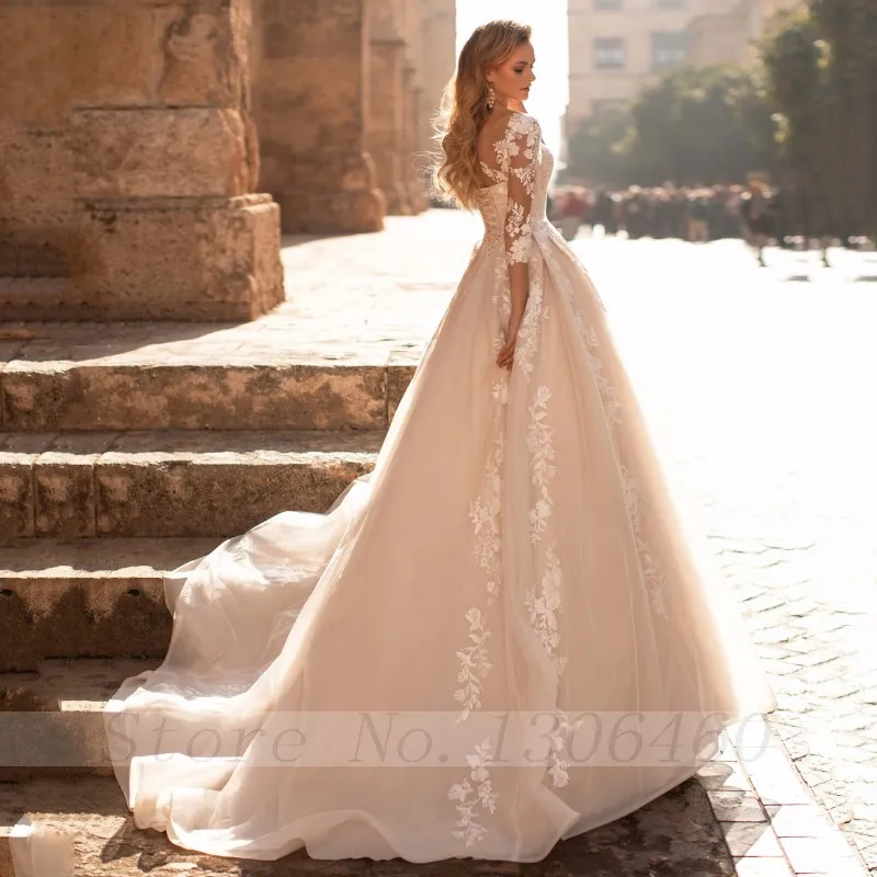 Thinyfull-vestidos De Novia De corte en A con cuello redondo, De tul, con encaje y apliques, novedad De 2020