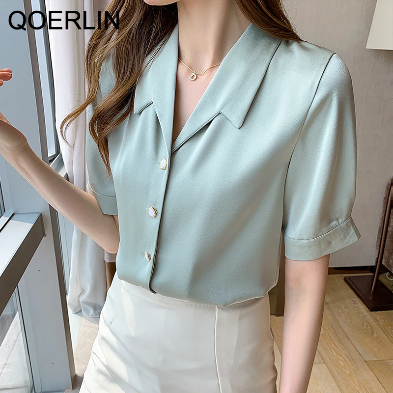 QOERLIN-Camisa cetim de manga curta para mulheres, blusa branca com botão, tops doces, elegante e formal, senhora do escritório, OL, chique e