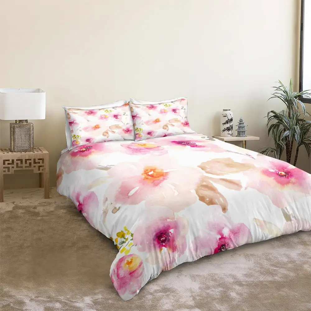 Peach Flowers Bedding Set Floral Duvet Cover Set Pink Girls Bed Linen Kids Bed Set  Pink Home Textile Peach Bedclothes Beds Set