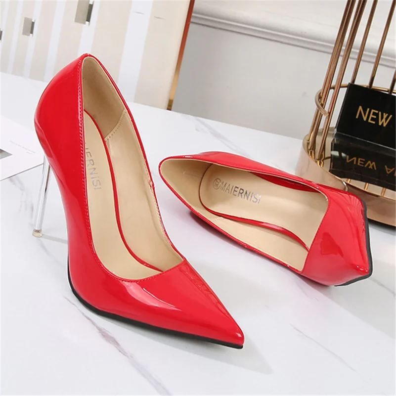 2023 Women 11cm High Heels Scarpin Valentine Pumps Lady Pointed Toe Stiletto Heels Female Plus Size Red Glossy Nude Silver Shoes