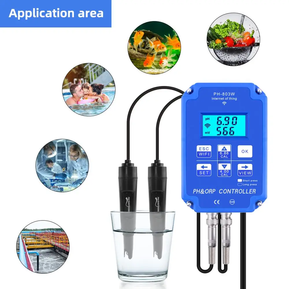 PH-803W Wifi Monitoring Digital PH&ORP Controller BNC Probe Water Quality Tester for Hydroponics, Swimming Pool, Aquarium