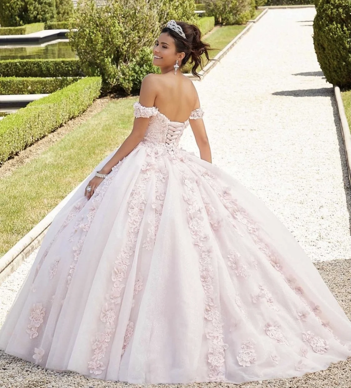 Light Pink Quinceanera Dress 2023 Off The Shoulder Flowers Backless Party Princess Sweet 16 Ball Gown Vestidos De 15 Años