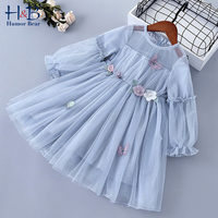 Humor Bear Girls Dress Spring Autumn Long Sleeve Cartoon  Printed Princess  Sweet  Mesh Yarn Children Clothes