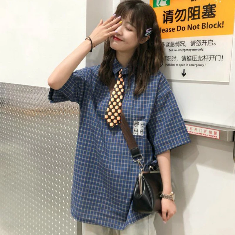 Blouses Women College Style Chic Plaid Korean Summer Popular Teens Shirts Half Sleeve Leisure Lovely Fresh Ladies Blouse Top New