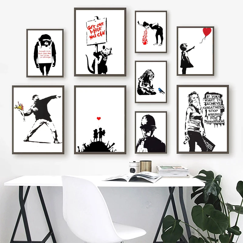 الحديث الكتابة على الجدران الفني قماش الطلاء فتاة مع بالون أحمر ملصق أسود أبيض مجردة جدار صور للعيش ديكور المنزل #1