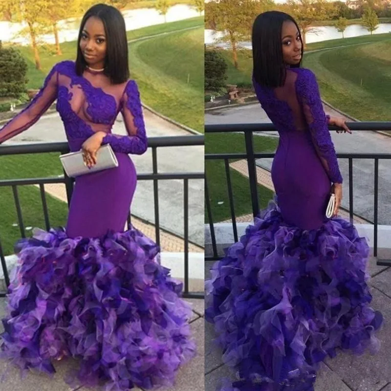 Sexy Purple Mermaid suknie balowe 2020 nowa koronkowa aplikacja z długim rękawem długość podłogi Ruffles formalna suknia wieczorowa sukienki na przyjęcie