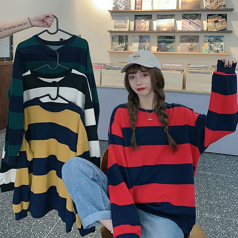 Fall Vintage Striped Long Sleeve Women T Shirts Korean Fashion Casual Harajuku Warm Oversized Streetwear Tops Black Yellow Green