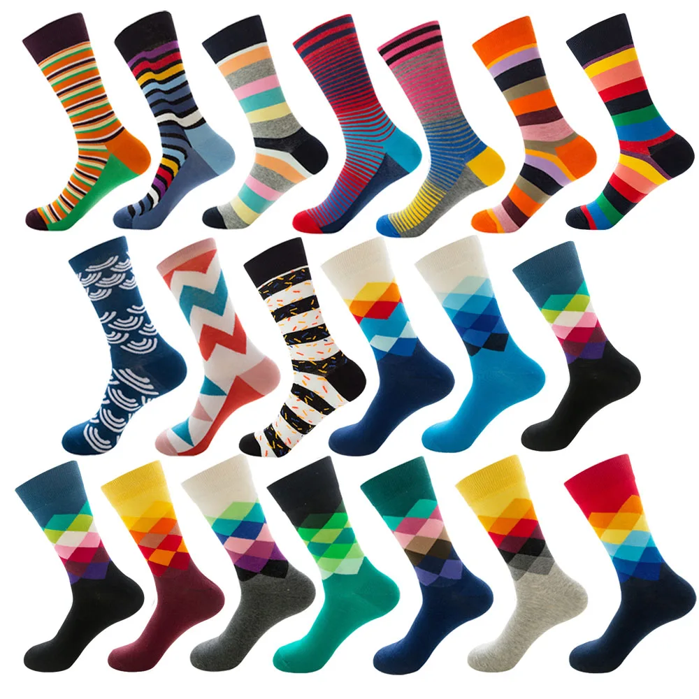 Mens Happy Striped Socks Quality Plaid Diamond Sock Men Combed Cotton Calcetines Largos Hombre