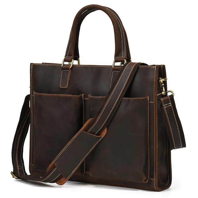 Newsbirds Mens Leather Handbag 15.6 Inch PC Notebook Laptop Briefcase Shoulder Bag 100% Cowhide Man Bag Male Business Bag