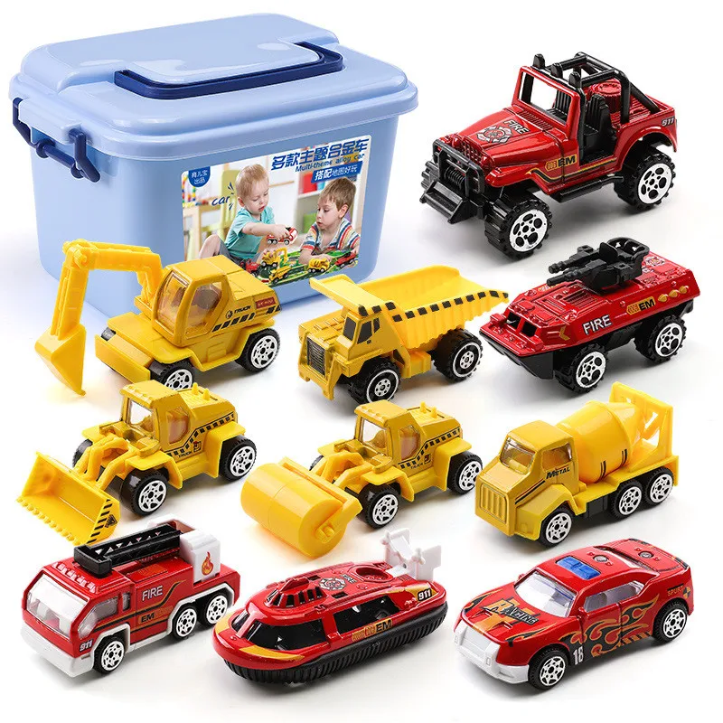 10-28Pcs Alloy Car Model Diecasts Engineering Truck Fire Truck Set Metal Vehicle Toy For Boys Children Collectibles Storage Box