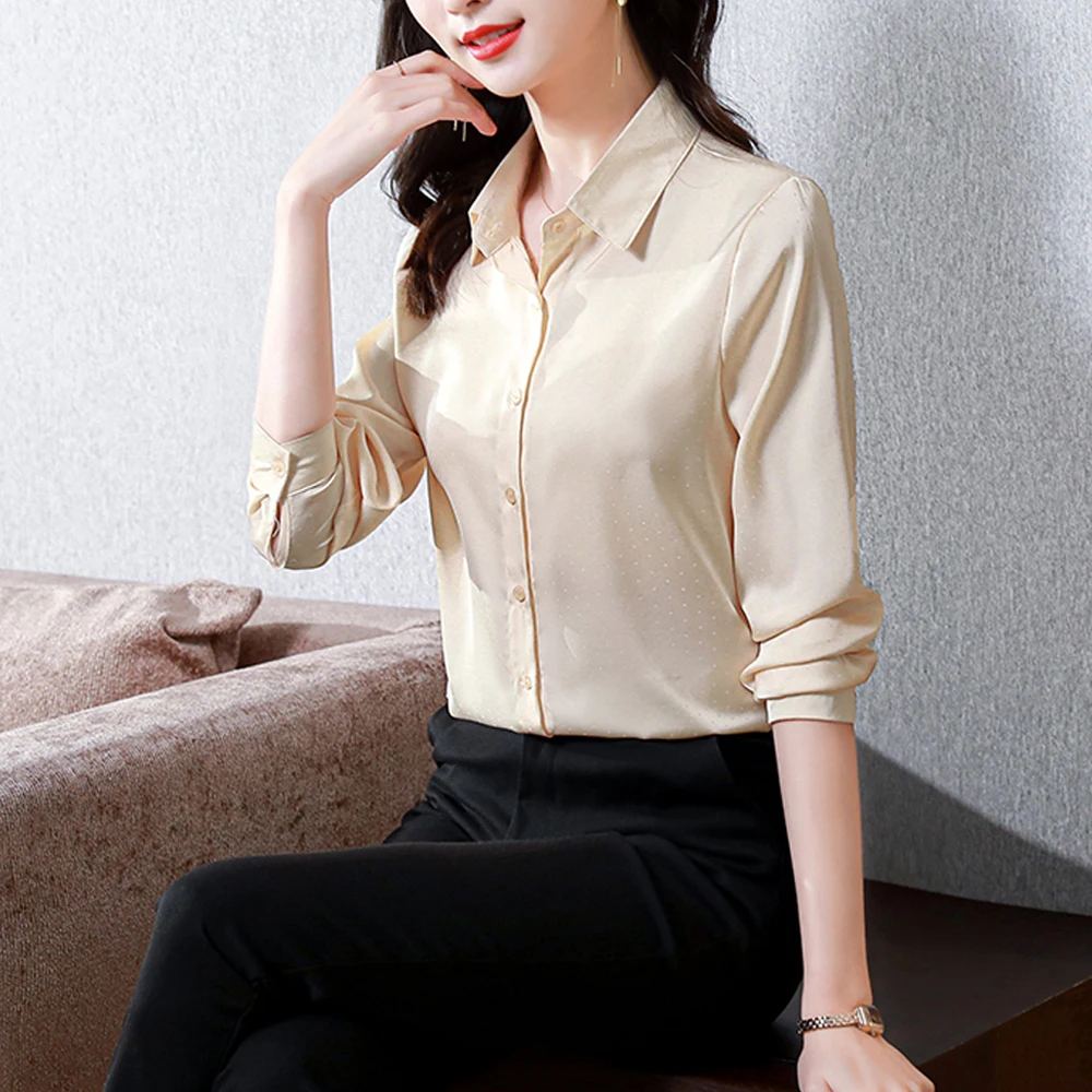 Fashion Women Satin Silk Blouses 2024 Spring Office Lady Elegant White Shirts With Chic Mini Dots Soft Bright Basic Tops Blusas