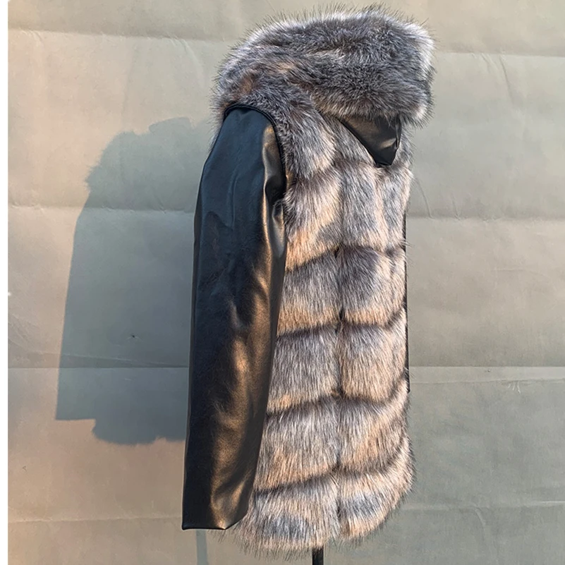 70CM Women Winter Warm Black Leather Removable Sleeve Fur Jacket Coat With Hooded Faux Fur Coat Outwear Thick Fox Fur Jacket