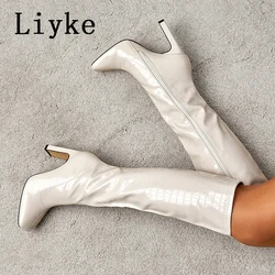 Liyke New White Knee High Boots Women Square Heels Casual Winter Long Boot Shoes Ladies Zip Fashion Cool Knight Bootties