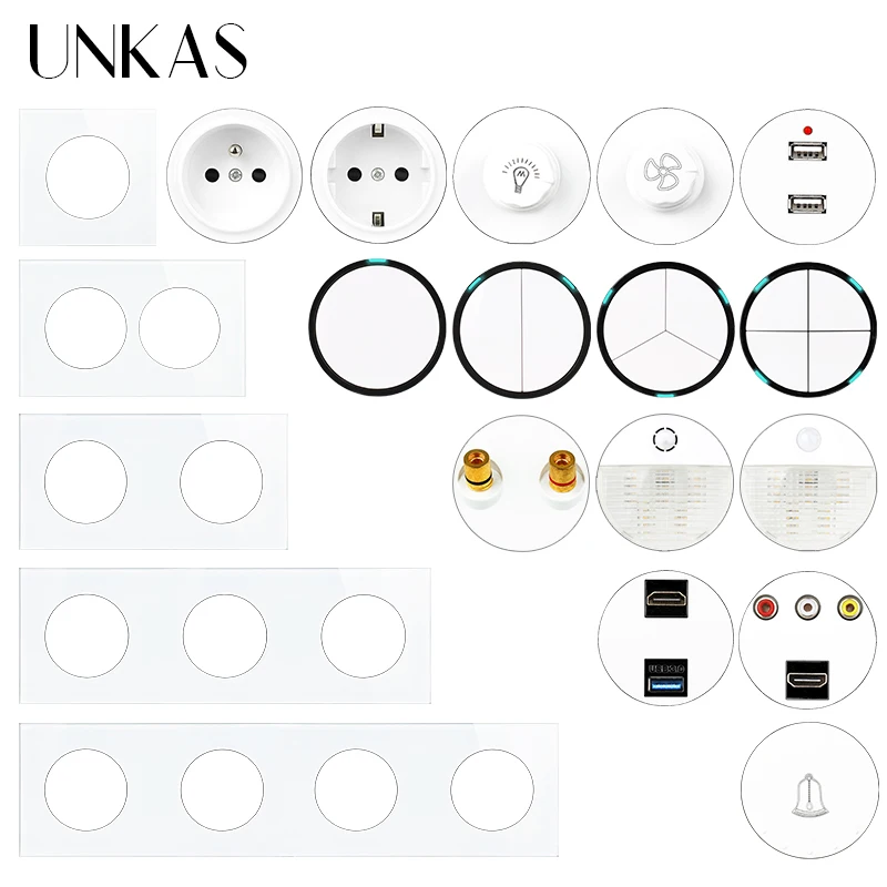 UNKAS DIY Free Combination 1 2 3 4 Gang 1 / 2 Way Click On / Off Light Switch Dual USB White Glass EU French Socket