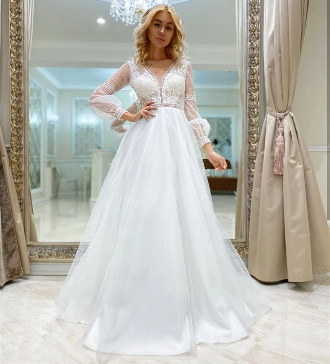 Robe de mariée Vintage, col en v, manches longues, fermeture éclair, dentelle, Appliques, Gwon, Tulle Organza, ceinture, superbe