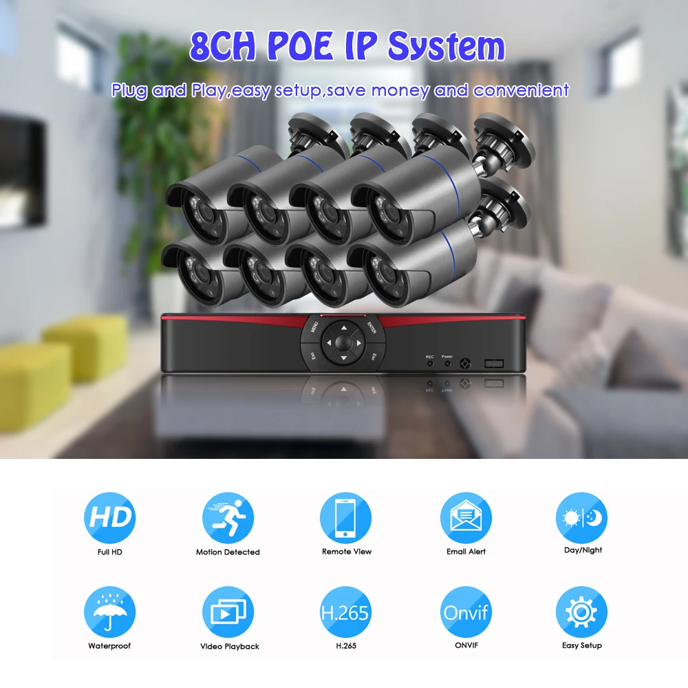 Gadinan 8CH 3MP POE IP System CCTV Camera Outdoor Security Protection NVR Kit Day / Night Smart Home Video Surveillance H.265 +