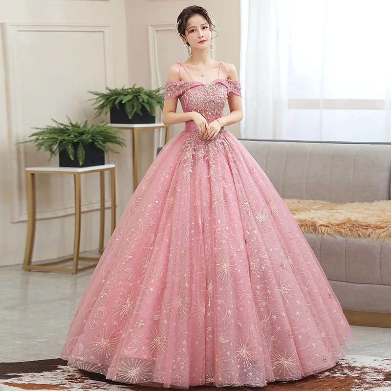 2024 Schulterfreie Quinceanera-Kleider, glänzendes, mit Perlen verziertes Ballkleid-Abschlussballkleid, rosafarbene Quinceanera-Kleider in Übergröße, individuell gestaltet