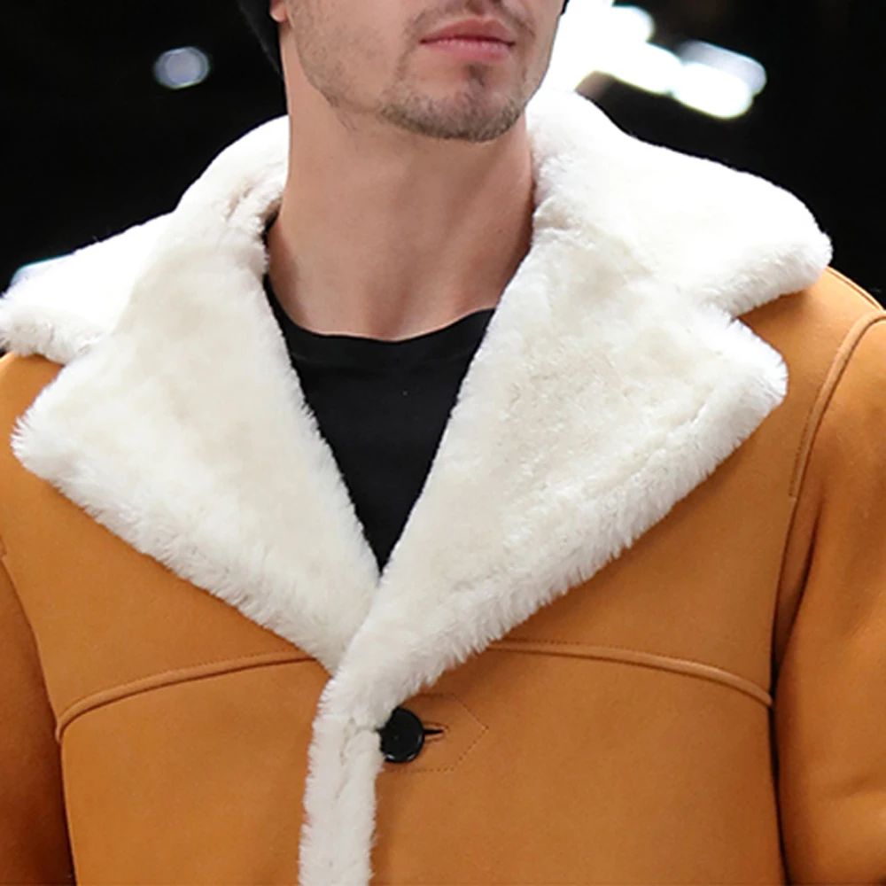 Abrigo suave y cómodo de piel de oveja para hombre, chaqueta cálida de piel auténtica, media-larga, color amarillo, para invierno