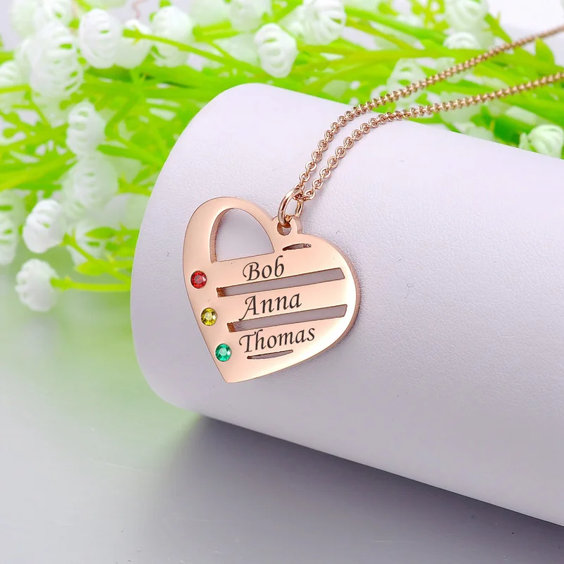 Personlized Engraved Name Birthstone Heart Neckalces Stainless Steel Love Famliy Best Friend Pendant Necklace For Women Jewelry