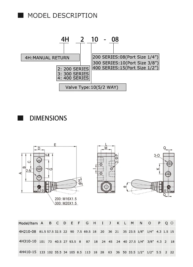 Électrovanne 4H210-08/4H310-10/4H410-15 2 Position 5 Port Air Manual Valve Pneumatic Control Valve 5/2 Way Hand Lever Operated Contro Pneumatique — détail 3