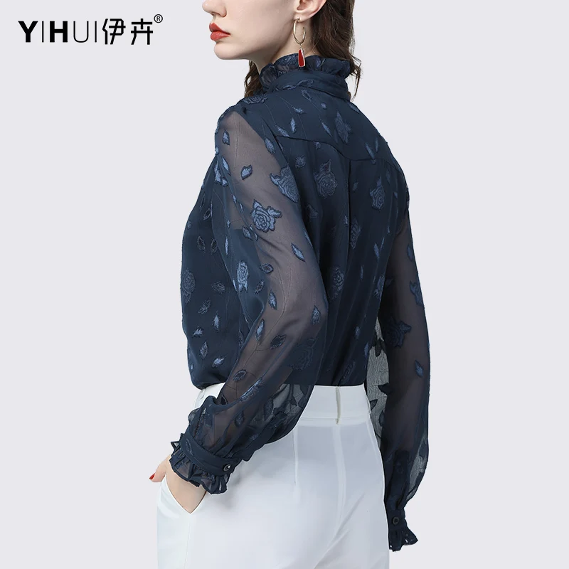 Mesh Sleeve Chiffon Shirt Women New Embossing Flower Stand Ruffled Neck Single-Breasted Tops Loose Elegant Spring Summer Blouses