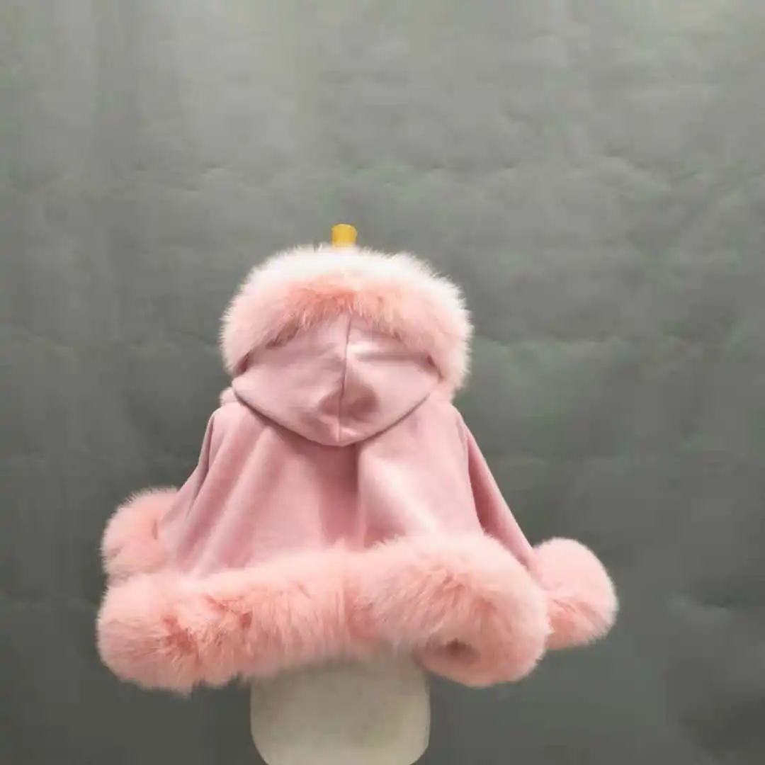 Custom Children Cashmere Cape With Straight Fox Fur Kids Fur Trim Cashmere Poncho