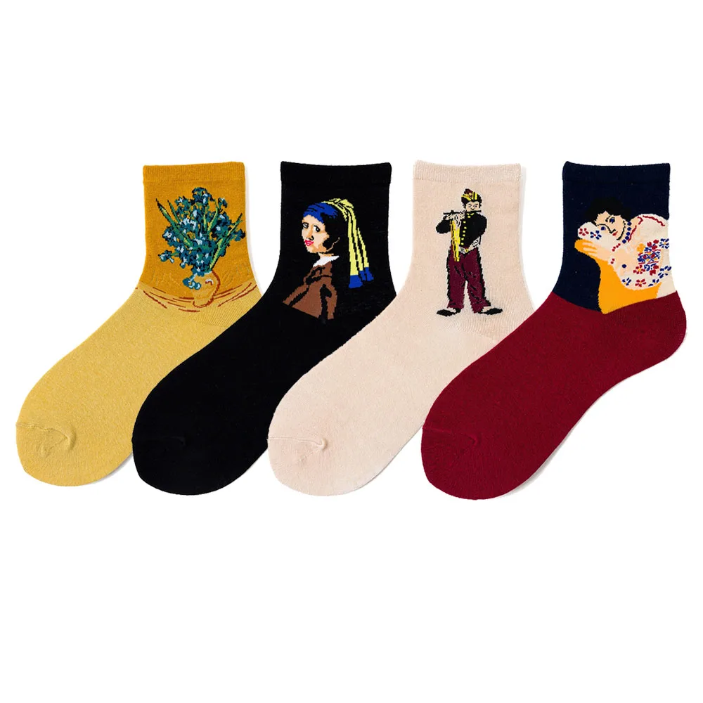 Women Socks Harajuku Cute Cotton Oil Painting Short World Masterpiece Novelty Happy Funny Character Pattern Korean Socks Kawaii