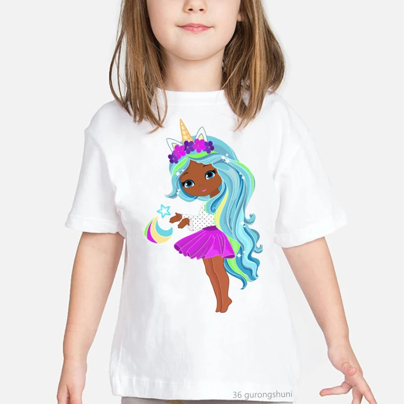 Black Girl Magic Unicorn Long Hair Brown Skin Print Children New T-shirt  Cute Girl Kids Summer Tops Tshirts Kids Clothing