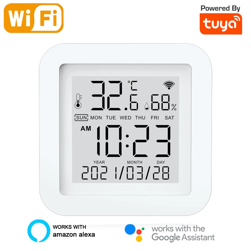 Tuya Smart WIFI Temperature and Humidity Sensor LCD Digital Hygrometer Smart Home Alarm Clock Display Date and Time