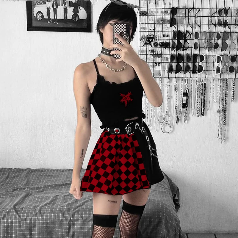 InsDoit-minifalda gótica a cuadros para mujer, Falda plisada de retales, estilo Harajuku, estética Punk, de cintura alta, para verano, 2021