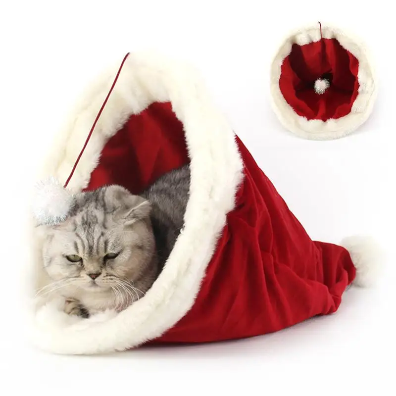 

1pc Warm Pet Cave Bed Cute Pet Sleeping Bed Cat Bed House With Hanging Ball For Christmas Pet Supplies Pet Accessories