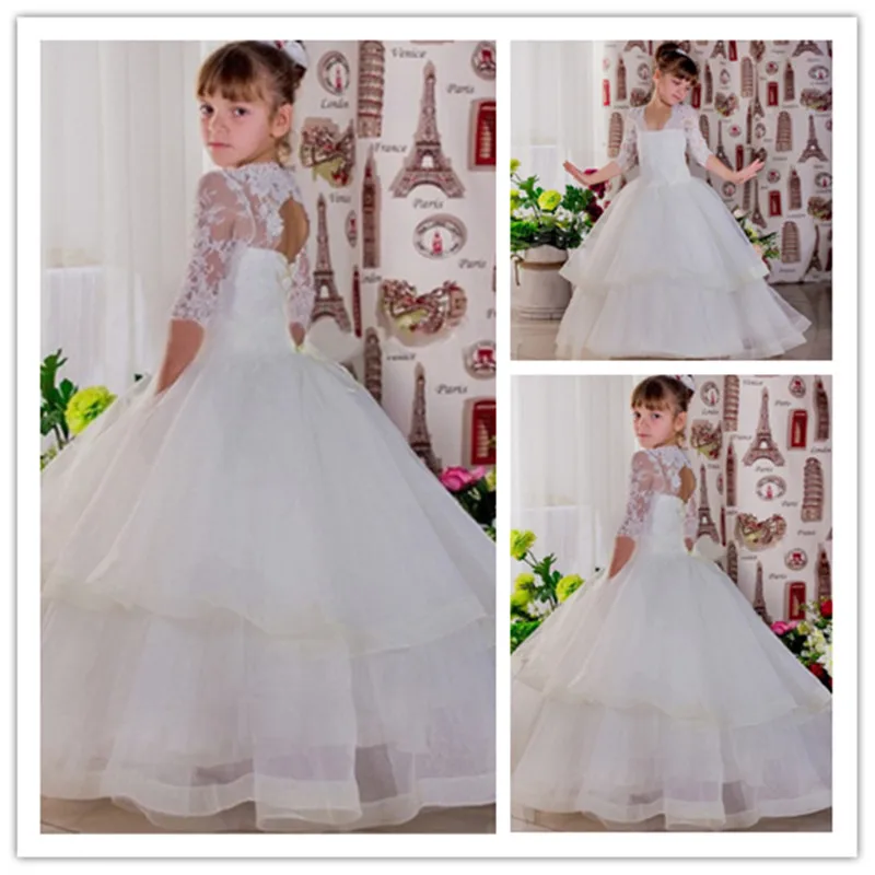 Vestido de princesa infantil para desfile, de meia manga, com rendas e flores, para casamento, tutu até o chão para meninas