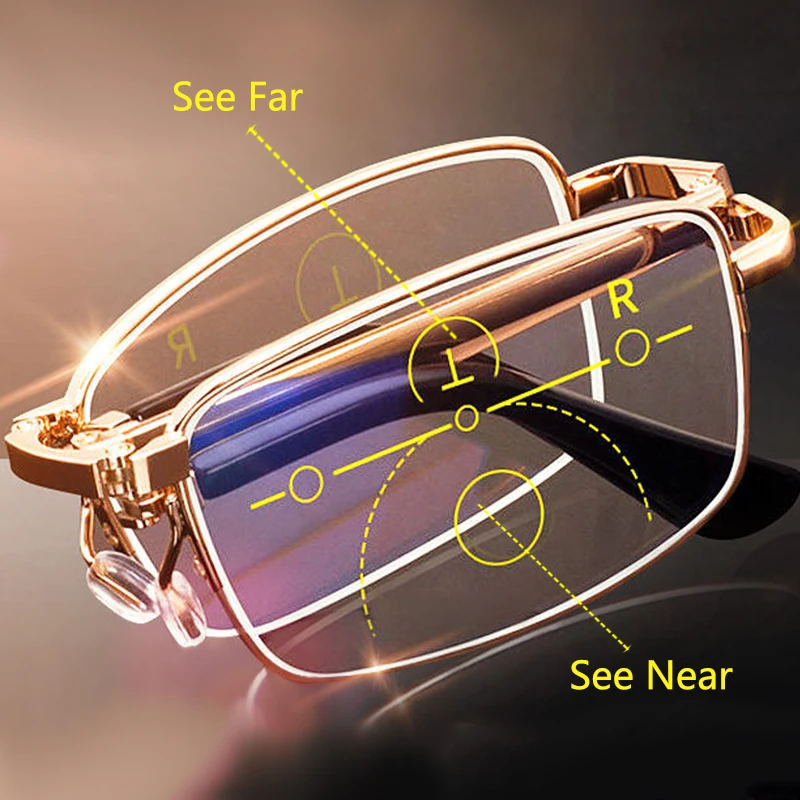 Folding Glasses Portable Progressive Reading Glasses Multifocal Mens Anti-Blue Ray Presbyopic Eyeglasses with Leather Case