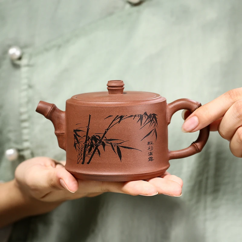 

bamboo design real yixing zisha tea pot purple grit on sales kungfu pot marked handpainted clay pot of tea China free shipping