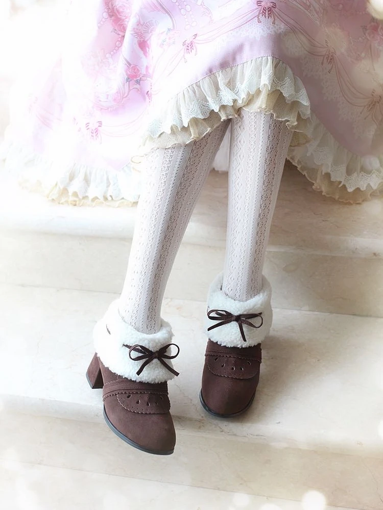 Warm Winter Lolita Shoes Plush Snow Boots Princess Short Boots Plus Velvet Women Shoes Cute Bowknot Kawaii Anime Loli Girls Boot