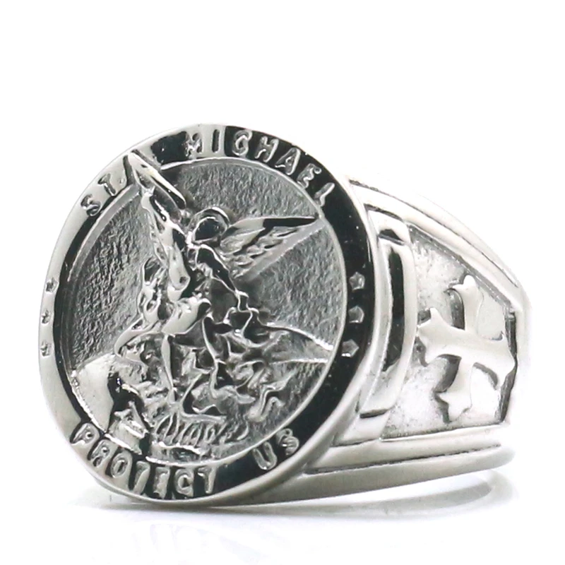 Unisex Cross Saint Michael Protect US 316L Stainless Steel Newest Ring