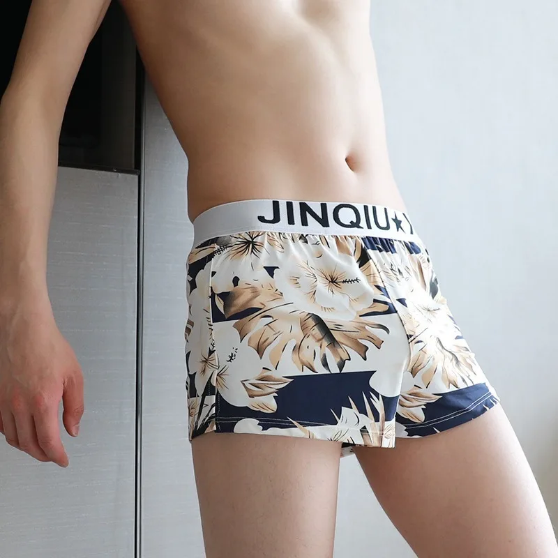 

3XL Mens Underwear Ice Silk Boxers Shorts Casual Flower Printed Sleepwear Loose Breathable Homewear Arrow Panties Calzoncillo